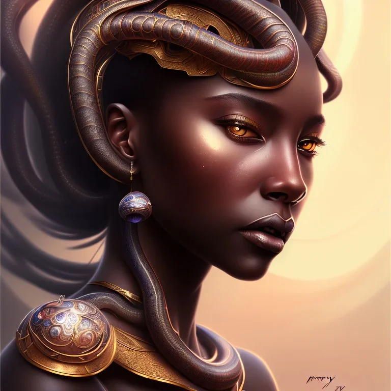 sango fantasy, fantasy magic, intricate, sharp focus, illustration, highly detailed, digital painting, concept art, matte, masterpiece snake head sexy lady body black African beauty space lady wearing African hair one head space background