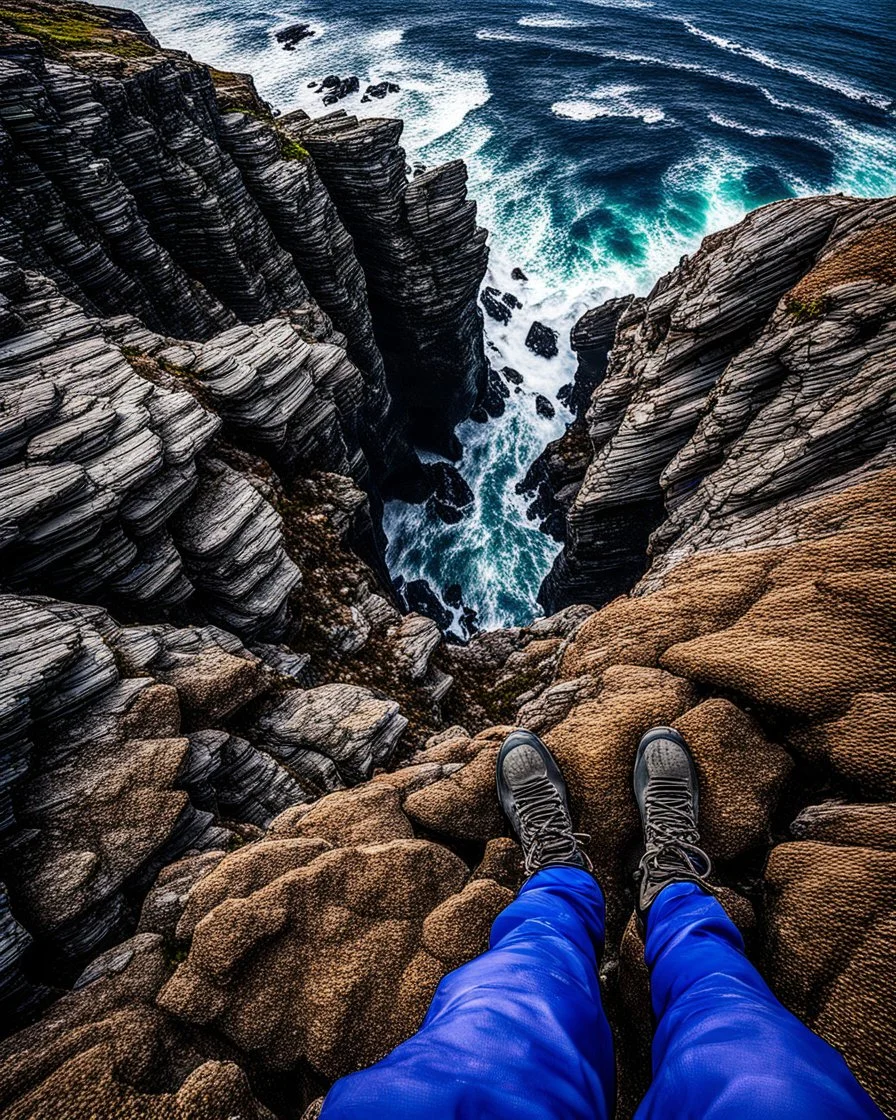 from the point of view of a rock climber, look down at the ocean rocks below as you climb high into the bluffs of ireland. holding on to the cliff face, the ocean below storms and swirls around a giant whirlpool, a great pit in the ocean