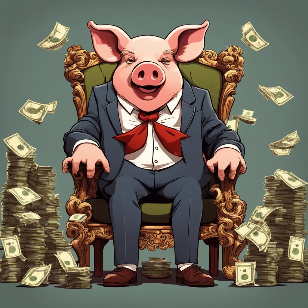 rich pig in suit on a throne making stacks of money by making a deal with a buisnessman. background of musicians