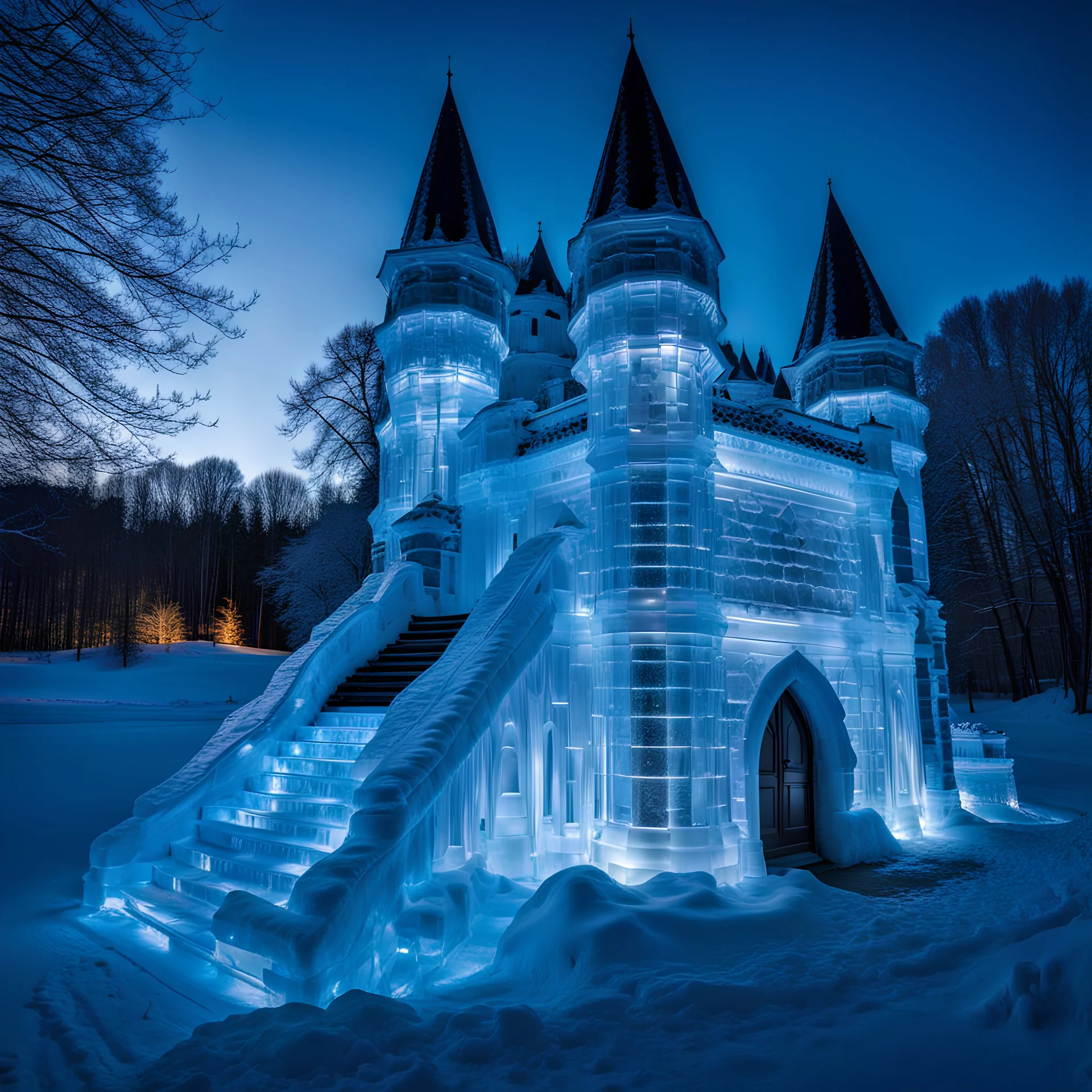 a castle entirely made from transparent ice, an ice sculpted lynx displayed at the entrance, everything from transparent glassy ice :: Professional photography, natural lighting, canon lens, shot on dslr 64 megapixels sharp focus, depth of field, hdr, white and blue theme