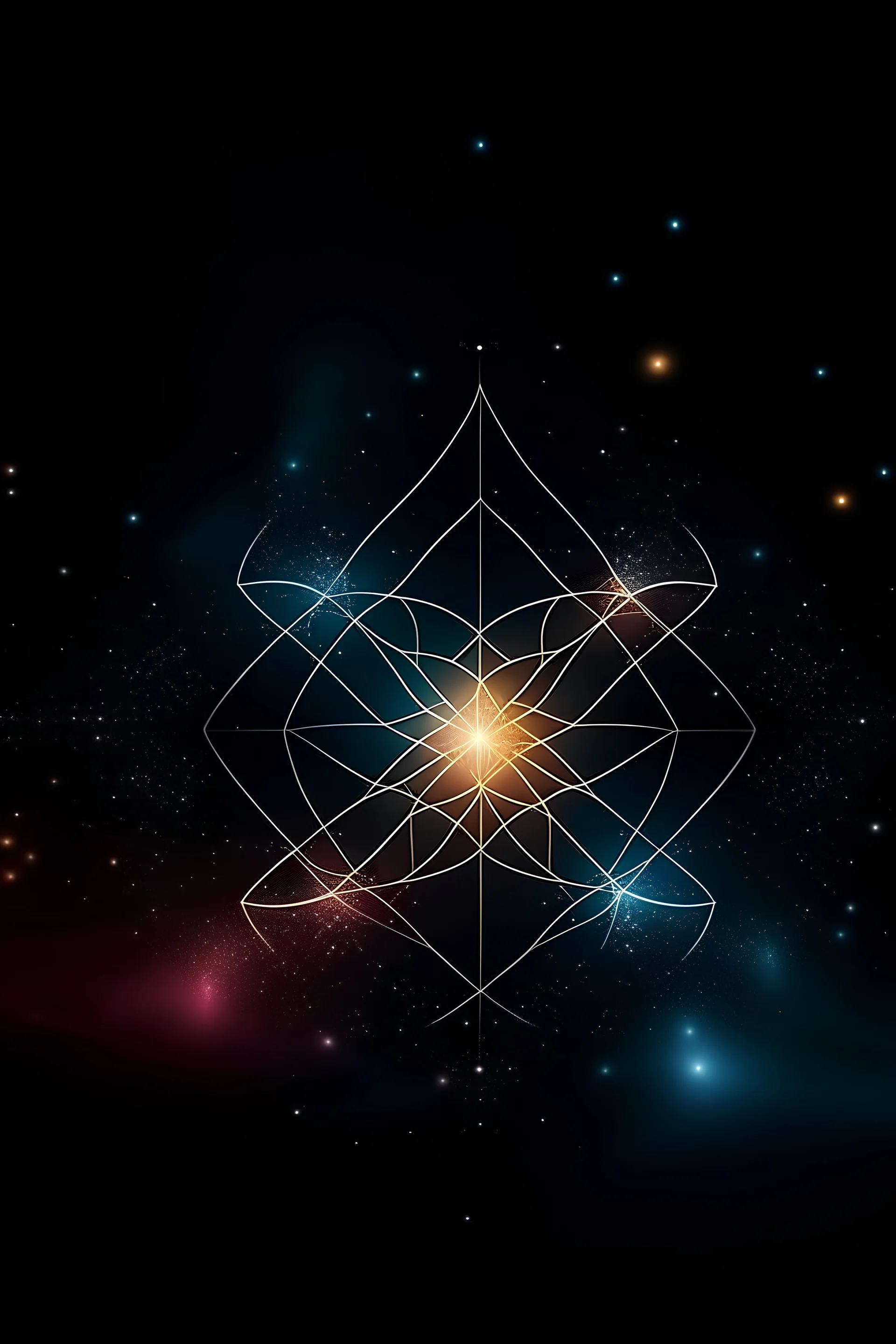 a simple geometric ornament with fine white lines on a painted dark night sky background and a lot of shiny pastell smoke and flying fire sparks in front