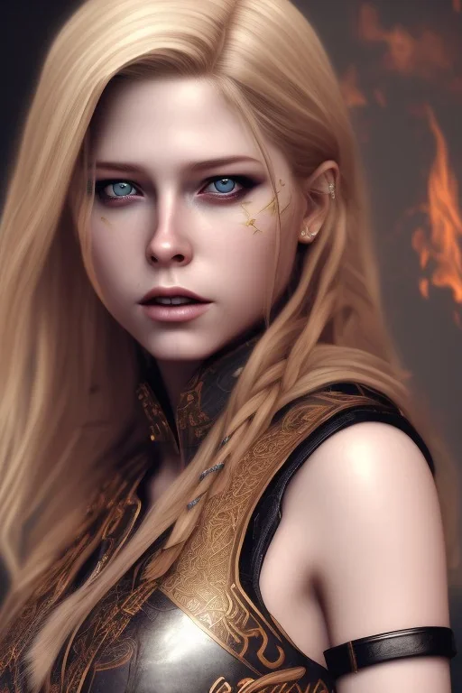 perfect avril lavigne face, wearing viking, intricate, fullbody, highly detailed face, highly realistic particles, fog, fire