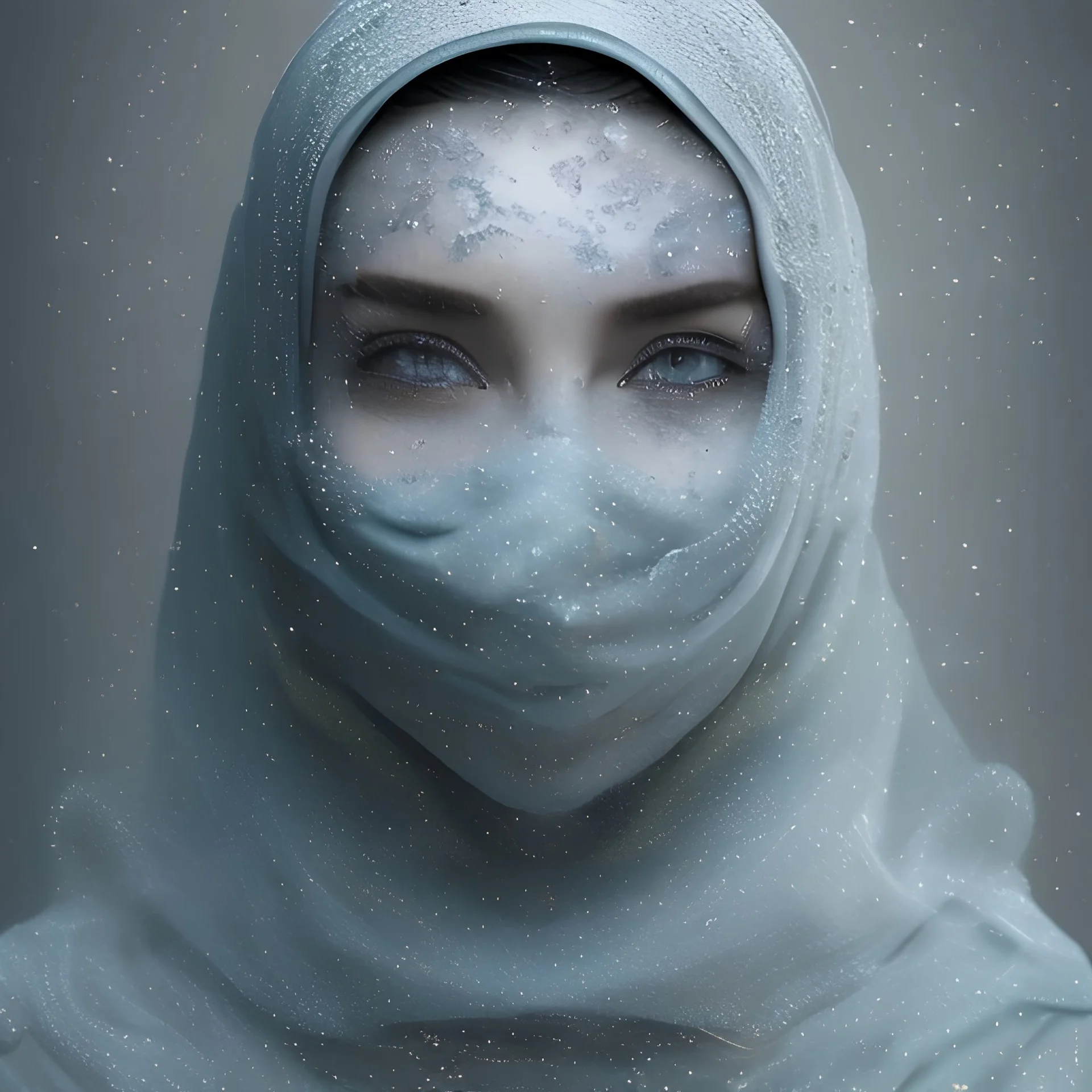 clouds of gray fog as woman's face, dissolving, disintegrating, wearing blue hijab, fine detail, highly intricate, wearing blue hijab, modern surrealism painting, fog, high-quality, volumetric lighting, 8k, ultrahd, George Grie, Marco Escobedo, Igor Morski,Brian Froud, Howard Lyon, Selina French,