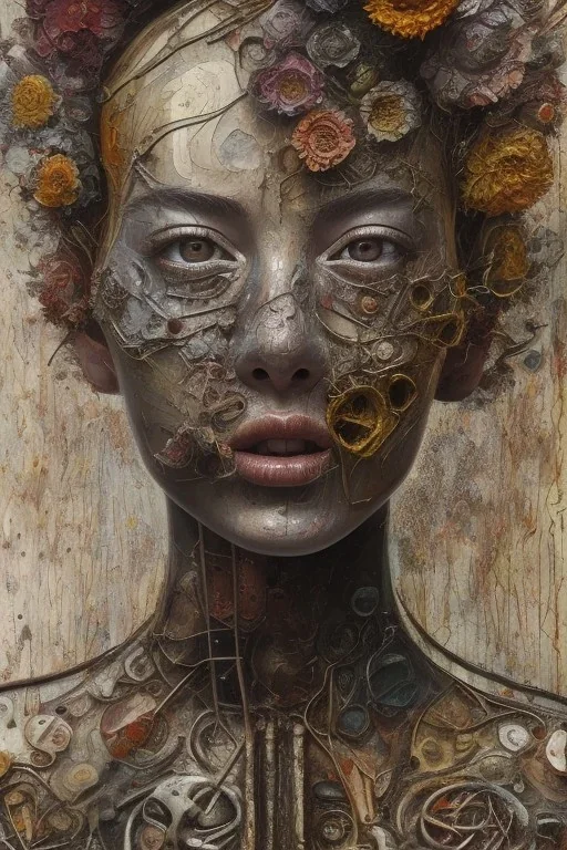 an abstract painting of flowers, by anselm kiefer and lucian freud, rust, scaffolding, iron cladding, decay, mixed media, textured, anatomically correct, beautiful perfect asian face, sharp focus, highly detailed