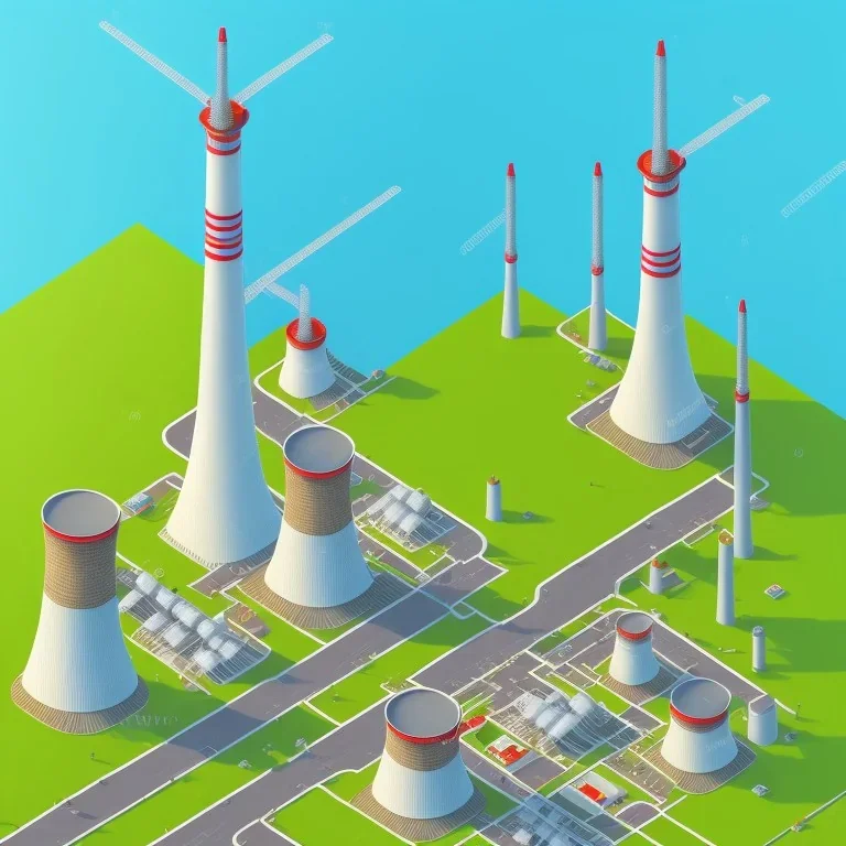 isometric architecture illustration of a village in the mountains with a power plant and a communication tower