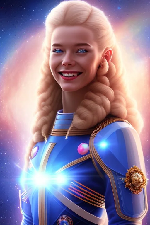 young cosmic woman smile, admiral from the future, one fine whole face, crystalline skin, expressive blue eyes,rainbow, smiling lips, very nice smile, costume pleiadian, Beautiful tall woman pleiadian Galactic commander, ship, perfect datailed golden galactic suit, high rank, long blond hair, hand whit five perfect detailed finger, amazing big blue eyes, smilling mouth, high drfinition lips, cosmic happiness, bright colors, blue, pink, gold, jewels, realist