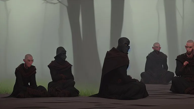 Black robed monks sitting around a fire in the forest