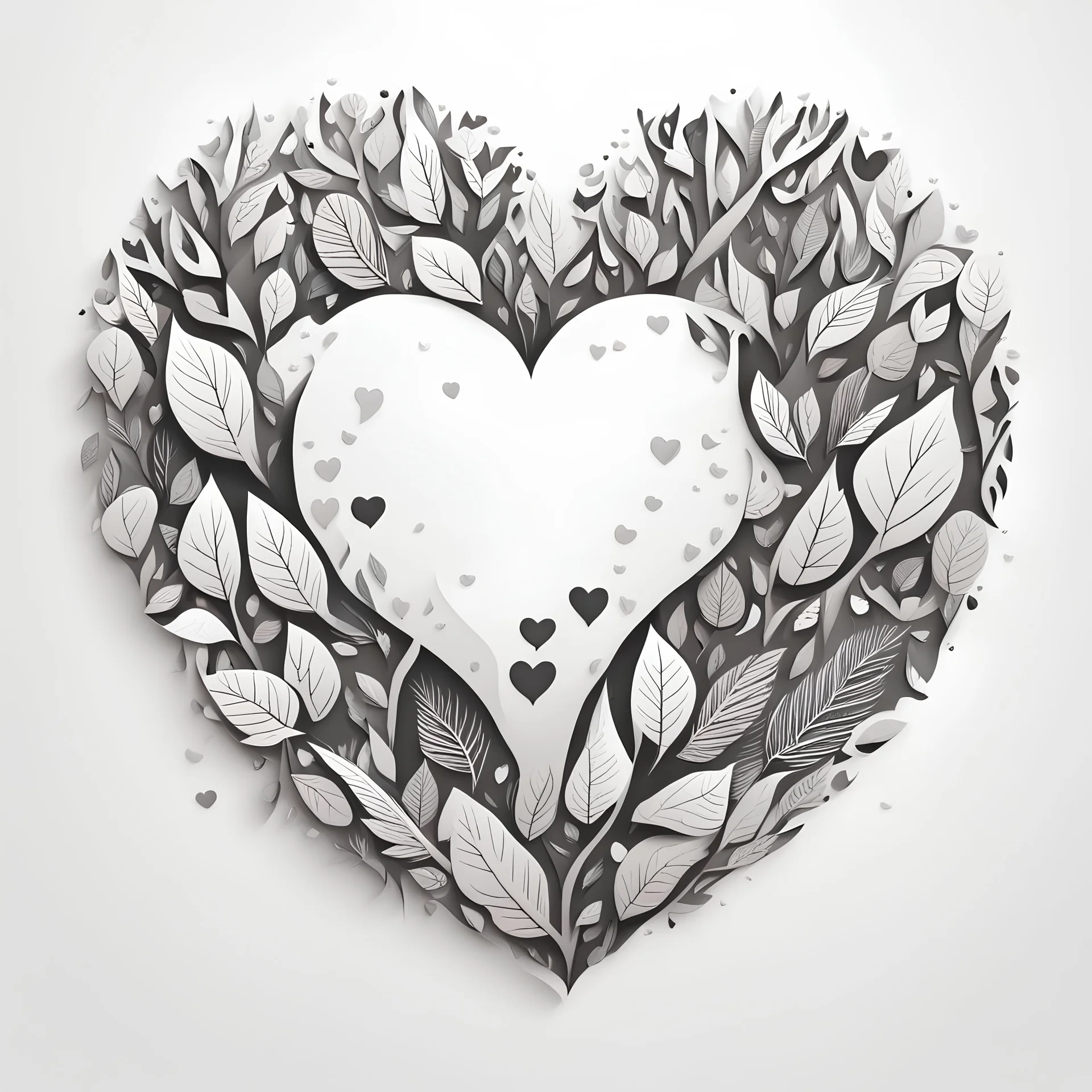 "heart" The image is a minimalistic illustration on a pure white background. the neighborhood is filled with leaves. Use elongated contours.