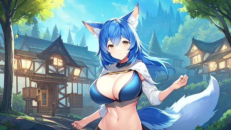 Girl look like wolf, wolf ears, blue hair, house, open navel,(2: big breasts), forest