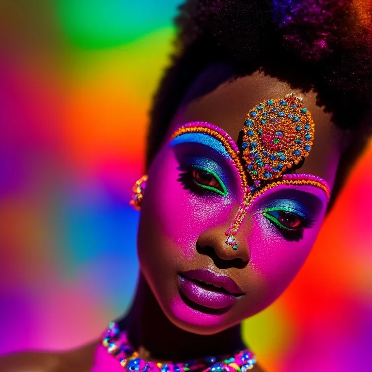 full body shot, masterpiece, best quality, family of three, dark skinned, sparkling eyes, fluorescent skin, colorful makeup, afro, highly detailed body, sun light, 4K, RAW, depth of field, high contrast, realistic details, 24mm