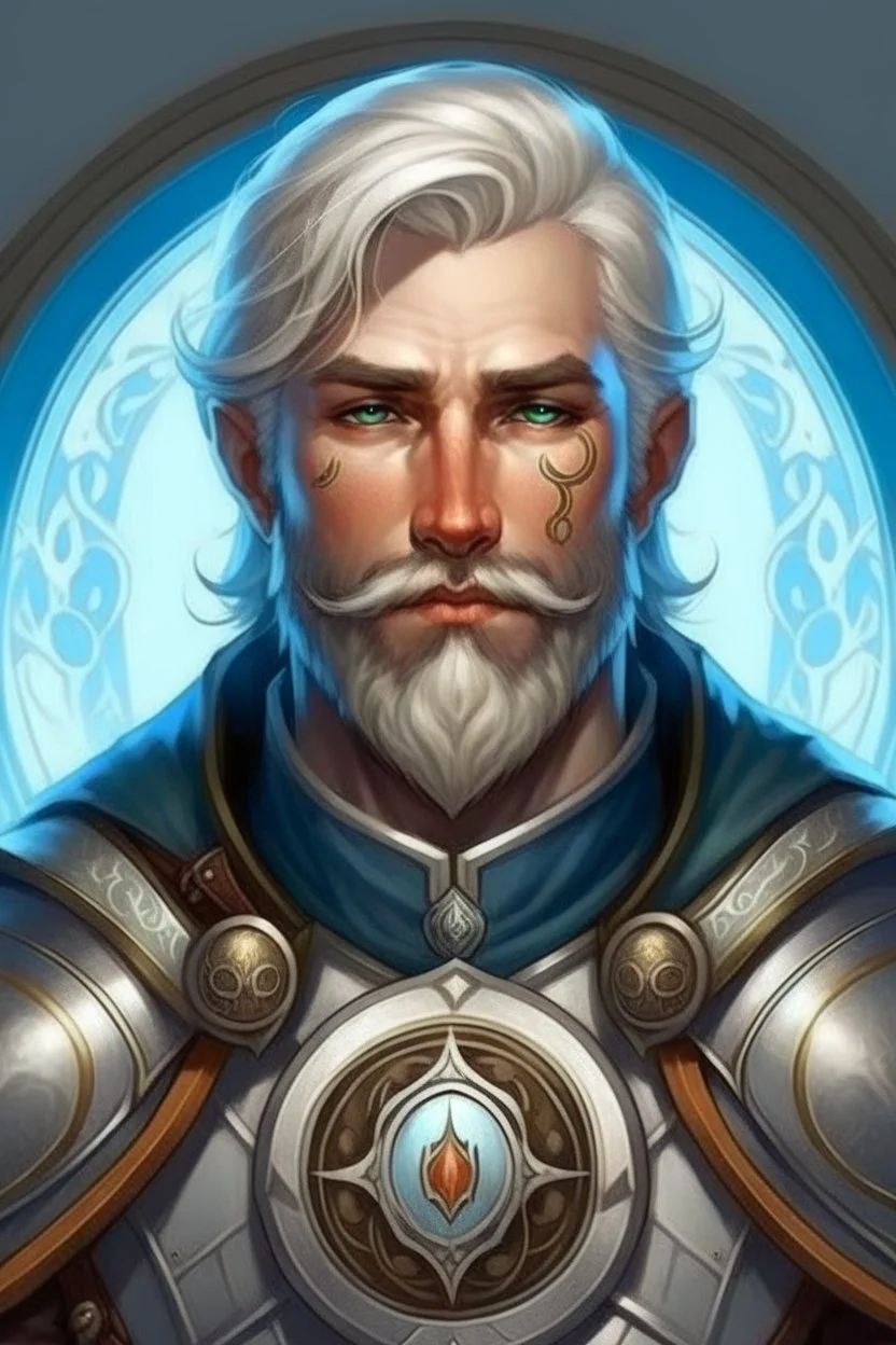 Please create an image for a 30-year old half-aasimar male with silver hair and a short, square beard and blue eyes. He is a cleric of Selune, whose symbol should be placed on the cleric's shield, if visible in the image. The cleric should be wearing chain mail, and carrying a warhammer or a mace and a shield