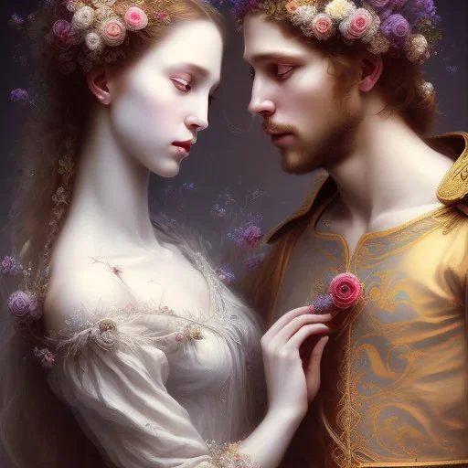 Romeo and Juliet. dramatic,romantic, muse of flowers, award winning, carne griffiths, portrait, intricate details, dynamic effects, white long hair, intricate eyes, detailed face, surreal hair, aristocratic clothes, professional ominous concept art, by artgerm and greg rutkowski, an intricate, elegant, highly detailed digital painting, concept art, smooth, sharp focus, illustration, in the style of simon stalenhag, wayne barlowe, and igor kieryluk.