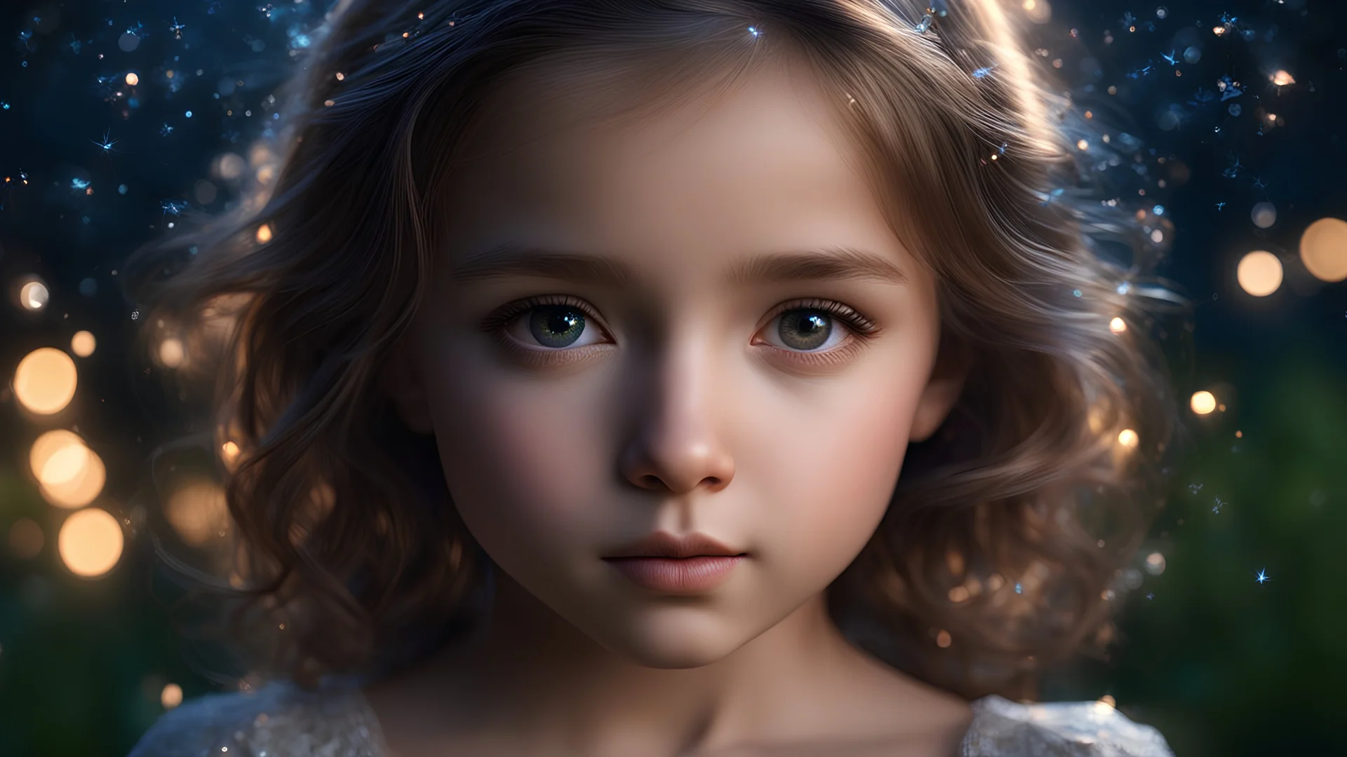 49216. young little girl, head and shoulders and chest, perfect eyes, fireflies, darkness, exquisite composition, thoughtful, self-assured, confident, beautiful, peaceful, kind, beautiful detailed intricate insanely detailed octane render trending on artstation, 8k artistic photography, photorealistic concept art, soft natural volumetric cinematic perfect light, chiaroscuro, award-winning photograph, masterpiece, raphael, caravaggio, greg rutkowski, beeple, beksinski, alma tadema, Bouguereau