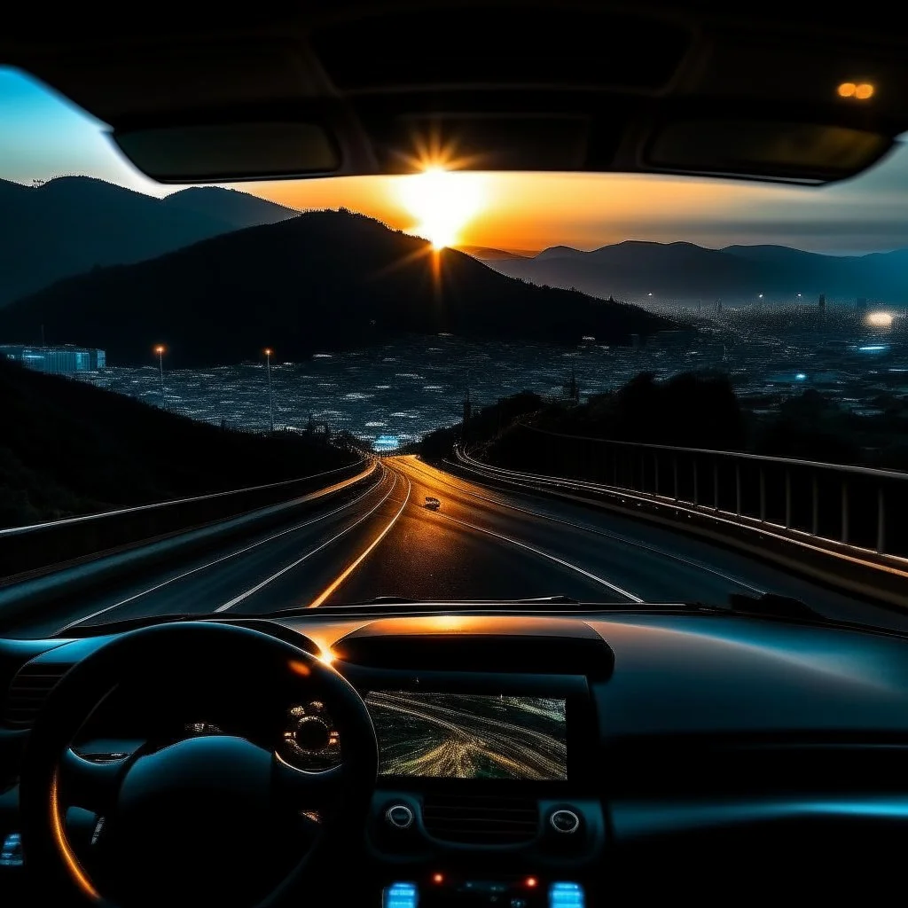 night time, a car dashboard lighting up, a dark mountain road in the windscreen, with a beautiful city in the distance, rising sun, photo quality