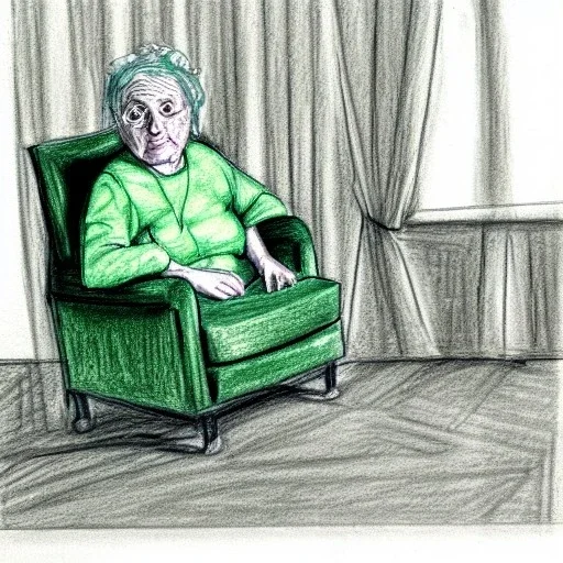 Old woman in a living room with armchair and fancy stools. green color pencil draft