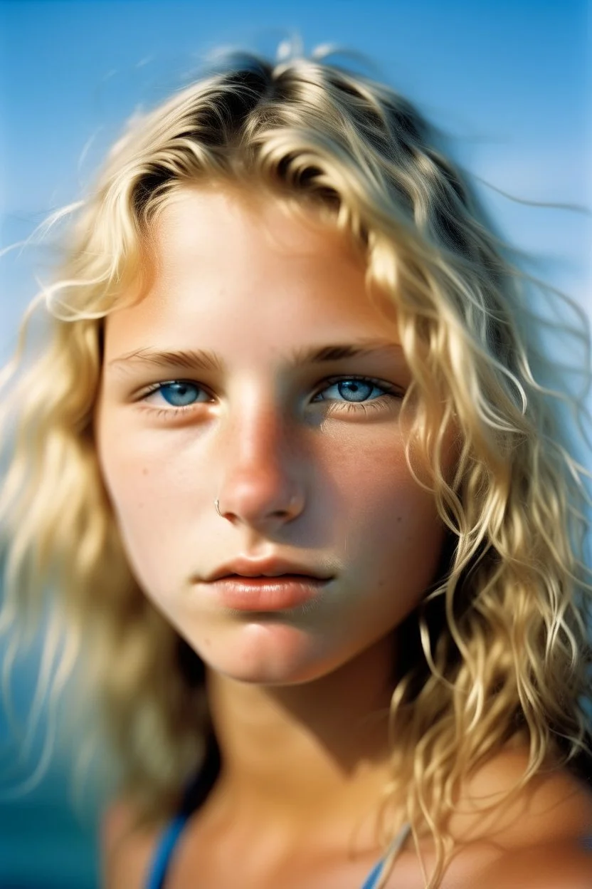 portrait of a 18 year old Californian surfer woman, sporty, blond, short wavy hair, water blue eyes, wearing a bikini