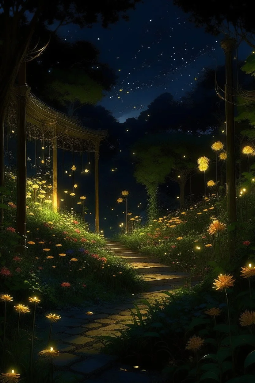 generate me an image of luxurious gardens with tall overflowing foliage and beautiful flowers at night with fireflies