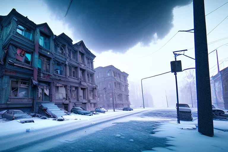 Michigan, streets of detroit, slums, snow, winter , run down, residental homes , destroyed buildings, unity, scriptable render pipeline , blue tone, volumetric , blue emission , fog , lighting.