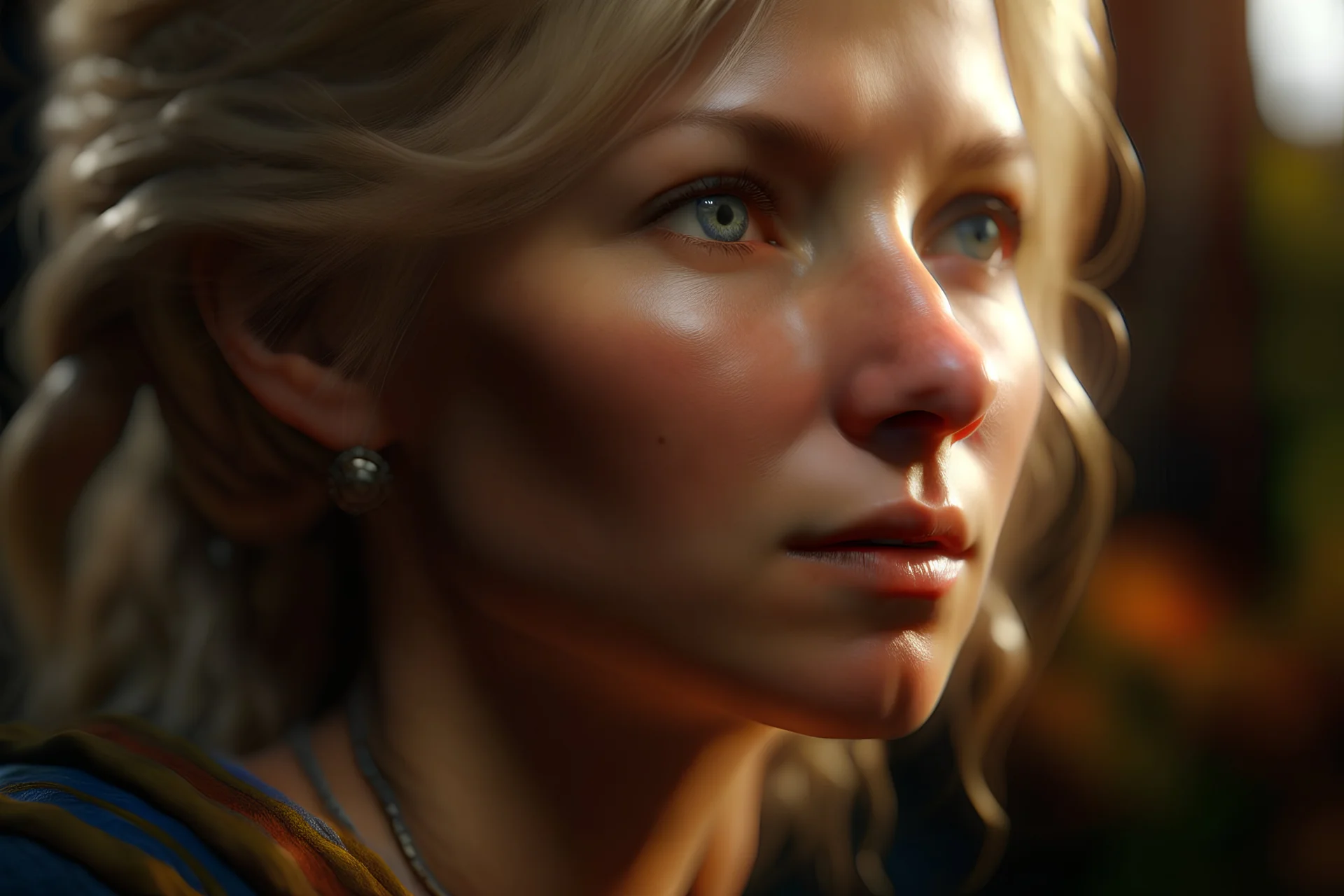 Close-up photo of a blonde woman, 38 years old, beautiful face in full view, fantasy, fantastic, atmospheric, photorealistic, masterpiece, HDR, Greg Rutkowski, Edmund Leighton, Artgerm, WLOP, volumetric lighting, super detailed complex detailing, deep shadows, deep color, warm colors Unreal Engine 5 natural lighting