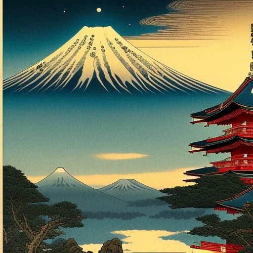 Ukiyo-e Style , mount fuji, sun set