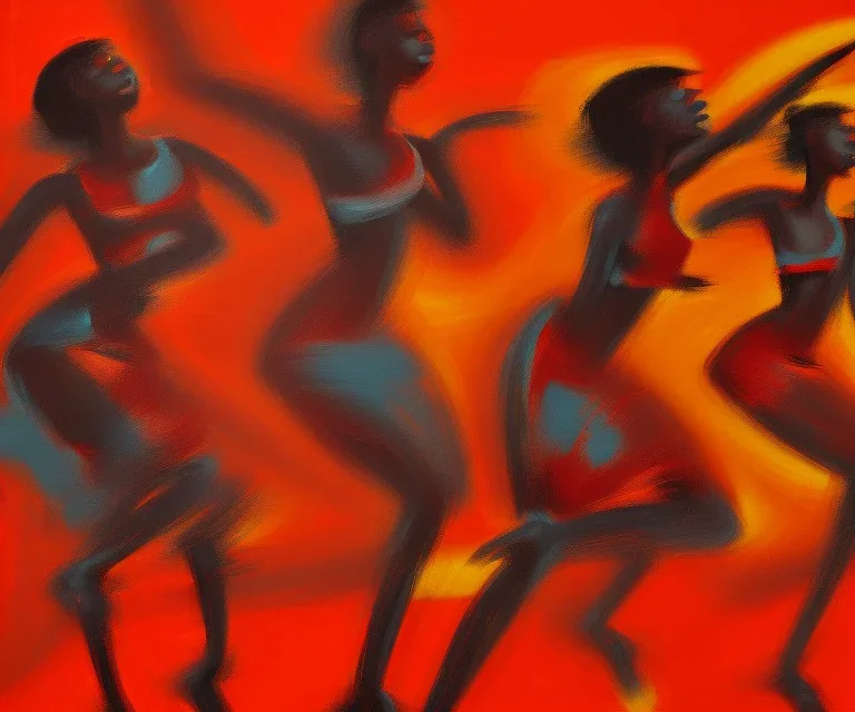 an abstract painting with figures of three African women dancing