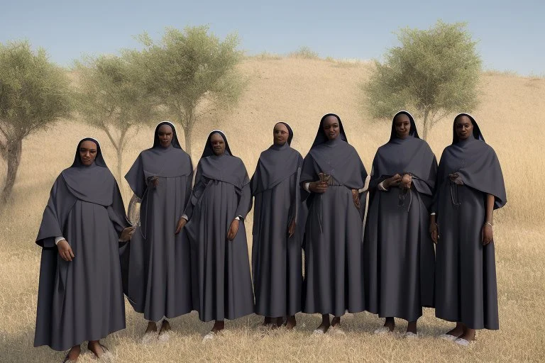 gruppo di belle suore africane con tunica grigia giornata di sole precipizio fuori città , terra