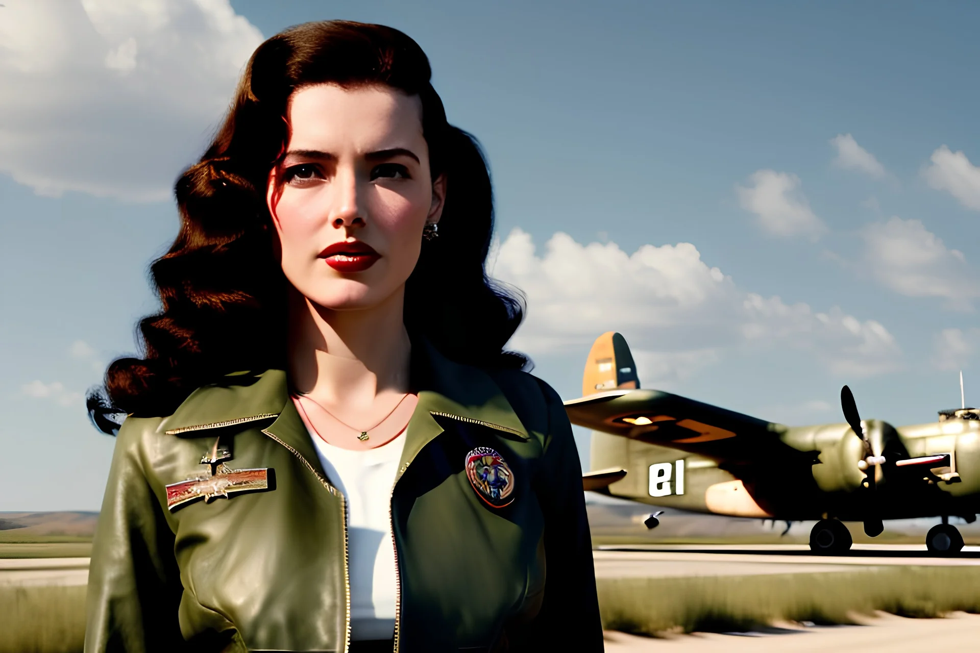 8k 4d photo realistic highly detailed waist-up photo of a gorgeous 1940s woman with long dark curly hair wearing a white t-shirt and leather bomber jacket, standing under the nose of a huge WWII olive-drab B-17 bomber, cute fine pretty face, realistic shading, perfect symmetrical eyes, even small teeth, ambient light, medium distance, all in focus, upper torso