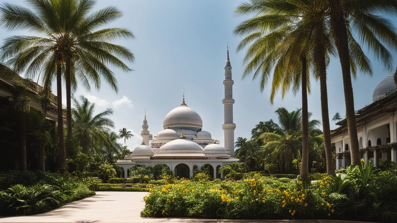 1997. Malaysian cityscape, urban, tropical gardens, palm trees, tropical flowers, mosque, sunlight, calm beauty, splendour, uplifting, inspiring, gentle, rule of thirds, therapeutic, spiritual, chiaroscuro, colour, award-winning colour photograph, Nikon 85mm