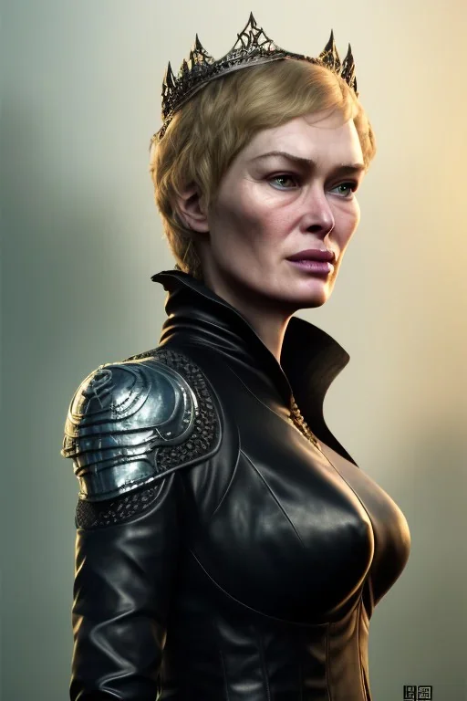 Cersei Lannister as evil queen in black leather coat, busty, cleavage, voluptuous, lena headay, angry, stern look. character design by cory loftis, fenghua zhong, ryohei hase, ismail inceoglu and ruan jia. unreal engine 5, artistic lighting, highly detailed, photorealistic, fantasy