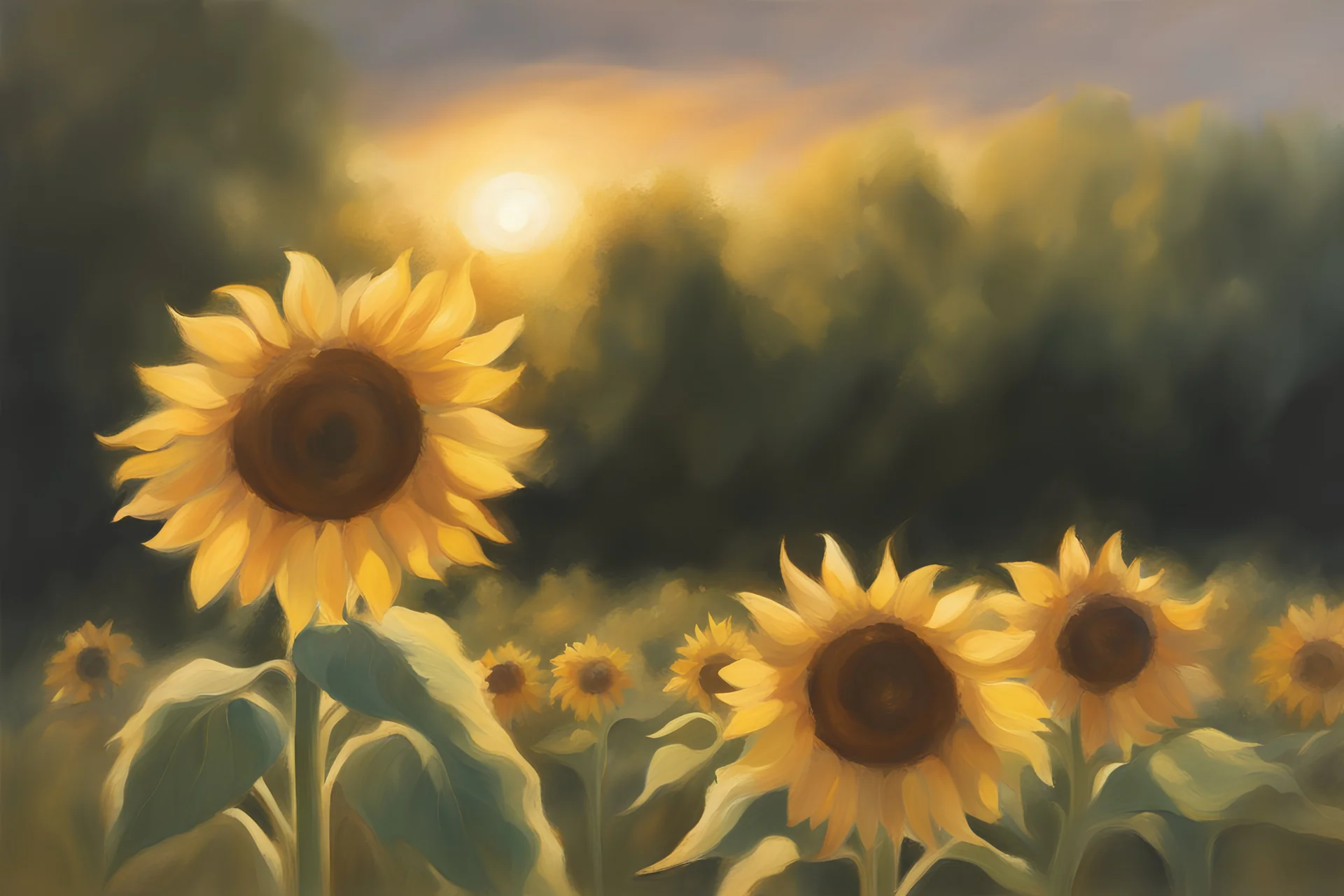 a loose painting of a sunflower field with a bright ray of sunlight hitting one of the flowers, trees around, warm, dreamy, magical ambience, traditional painting