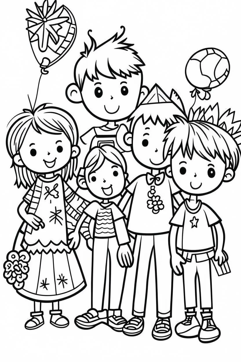 HAPPY NEW YEAR coloring page for kids, HAPPY NEW YEAR CELEBRATION PEOPLE thick outline, low details, no shading, no color