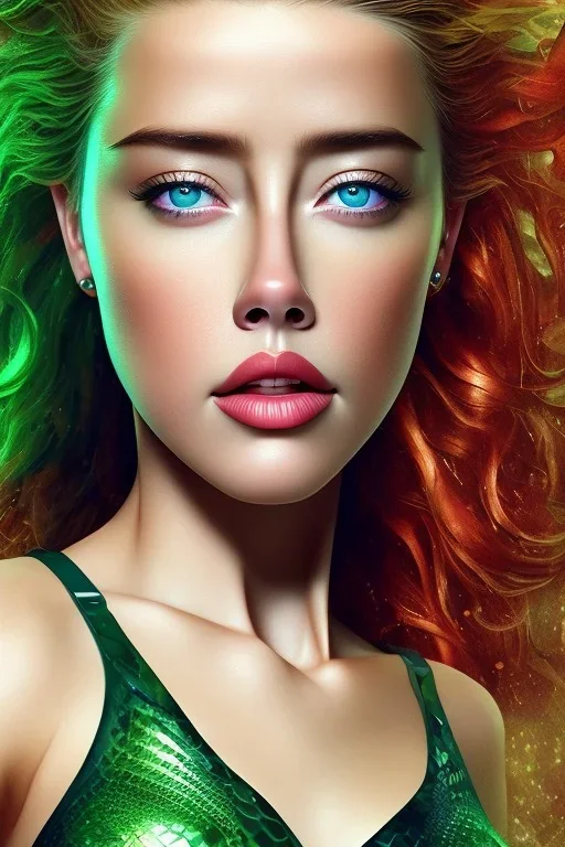 portrait head Amber Heard Aquaman curly red hairs under the green sea