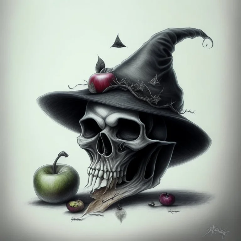 Realistic drawing of a Skull with a Witch hat, Skull has ghost eyes and is eating from a poison apple.