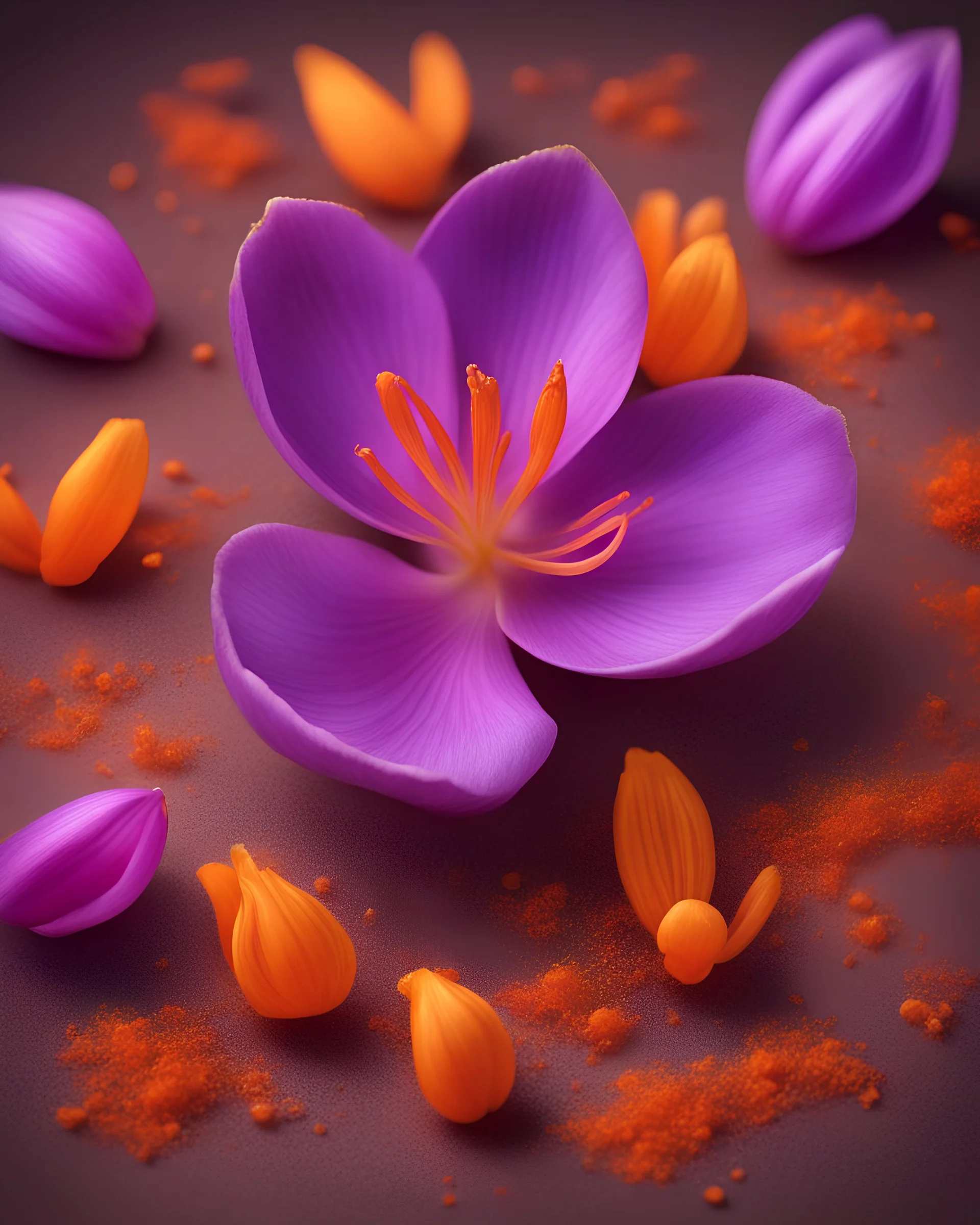 saffron, a spice derived from the flower of Crocus sativus. Photography. Realistic photo. HD. Glowing. 3d style