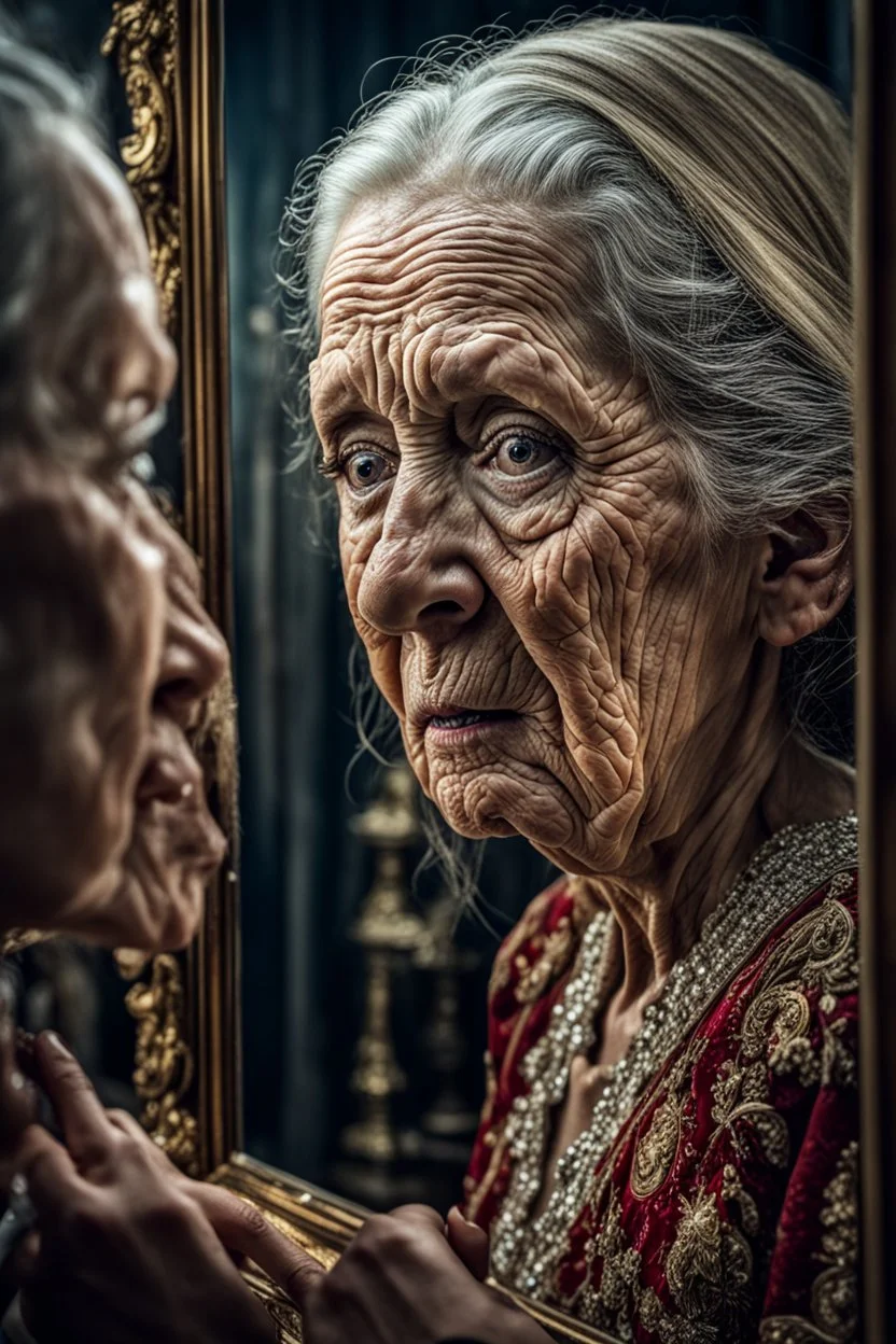 a young girl looking herself in the mirror with shock on her face, an old woman face reflecting in the mirror, hyper realistic, ultra detailed, stunning intricate details, HDR, beautifully shot, hyperrealistic, sharp focus, 64 megapixels, perfect composition, high contrast, cinematic, atmospheric, moody Professional photography, bokeh, natural lighting, canon lens, shot on dslr 64 megapixels sharp focus