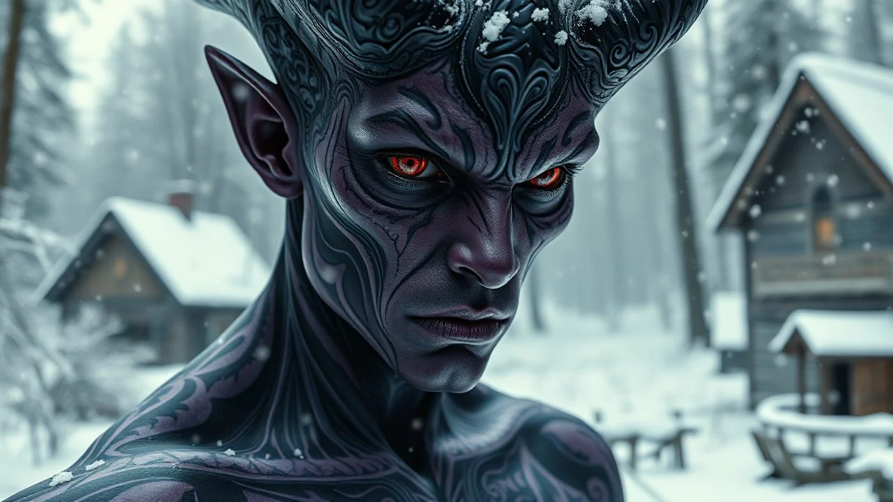 holographic simulation, beautiful xenobiotic alien man demon, scandinavian black tattoo on the body, super detailed face, bloody eyes, against the backdrop of old dzherevyanny houses in the winter forest, falling snow in winter, professional photo, 4k, high resolution, high detail, close-up, octane, body art, patterns, lavender color, silver wire, artistic elven fantasy, filigree, dark botany, ultra detail, dark botany, photorealistic image