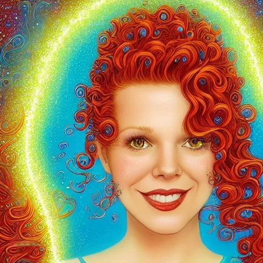 Robyn Lively, her striking perfectly detailed clear eyes, her perfect, precisely detailed lightly freckled face, meticulously detailed long curly multi-hued ginger carrot cherry fire red hair, luminous colorful sparkles; by james r. eads, gawki, rajewel, tania rivilis, dan mumford, lisa frank, artgerm, greg rutkowski, alphonse mucha and william-adolphe bouguereau; glitter, airbrush, octane render, volumetric lighting, 16k, photorealistic digital painting, artstation, smooth, sharp focus