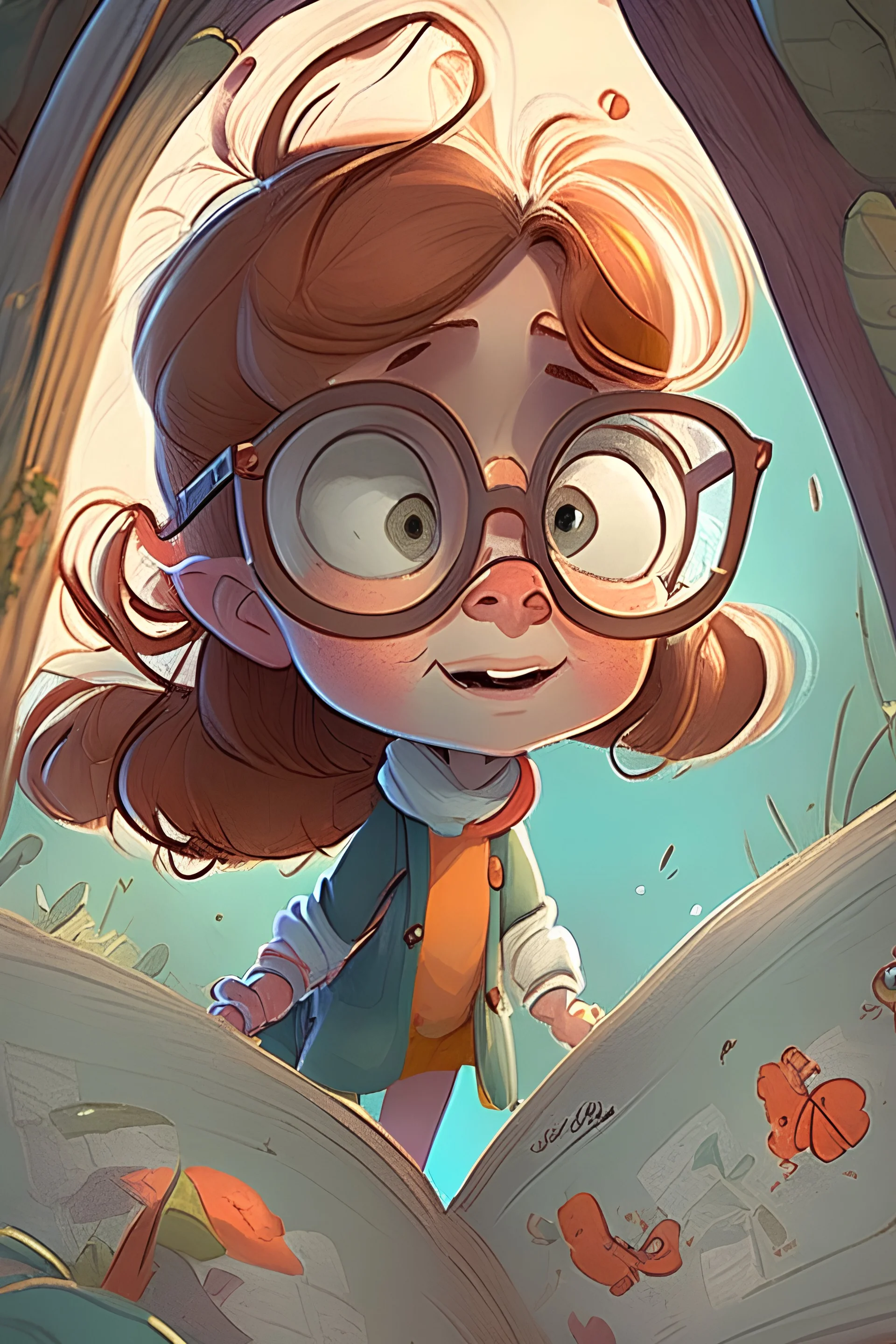 Lily embarks on a thrilling adventure to unravel its mysteries realistic cartoon with spectacles