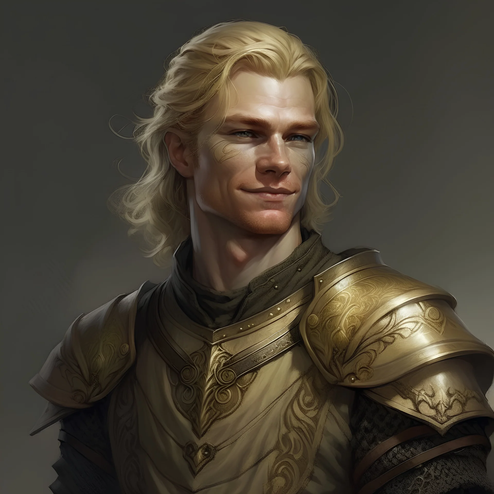 fantasy handdrawn detailed, male in mid thirties, 190cm in hight, in light armor, dark blonde slicked-back, gentle but dumb smile, really kindhearted