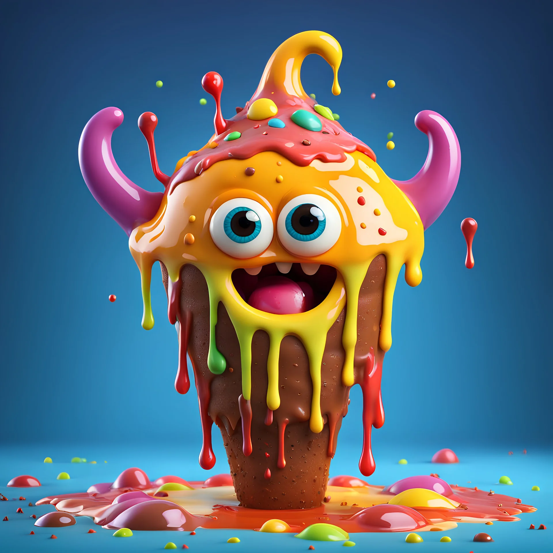 A cute adorable dripping gooey ice-cream monster, playful, vibrant colours, chocolate sprinkles, 3d render, hyper detailed, Z brush, cgi, Pixar 3D cartoon art, jelly texture, fun scary, funny googly eyes, animated realism, cartooncore, creative lighting, blender, artstation trending, unreal engine, octane render, digital art, wonky eyes, melting body, drizzled with toppings