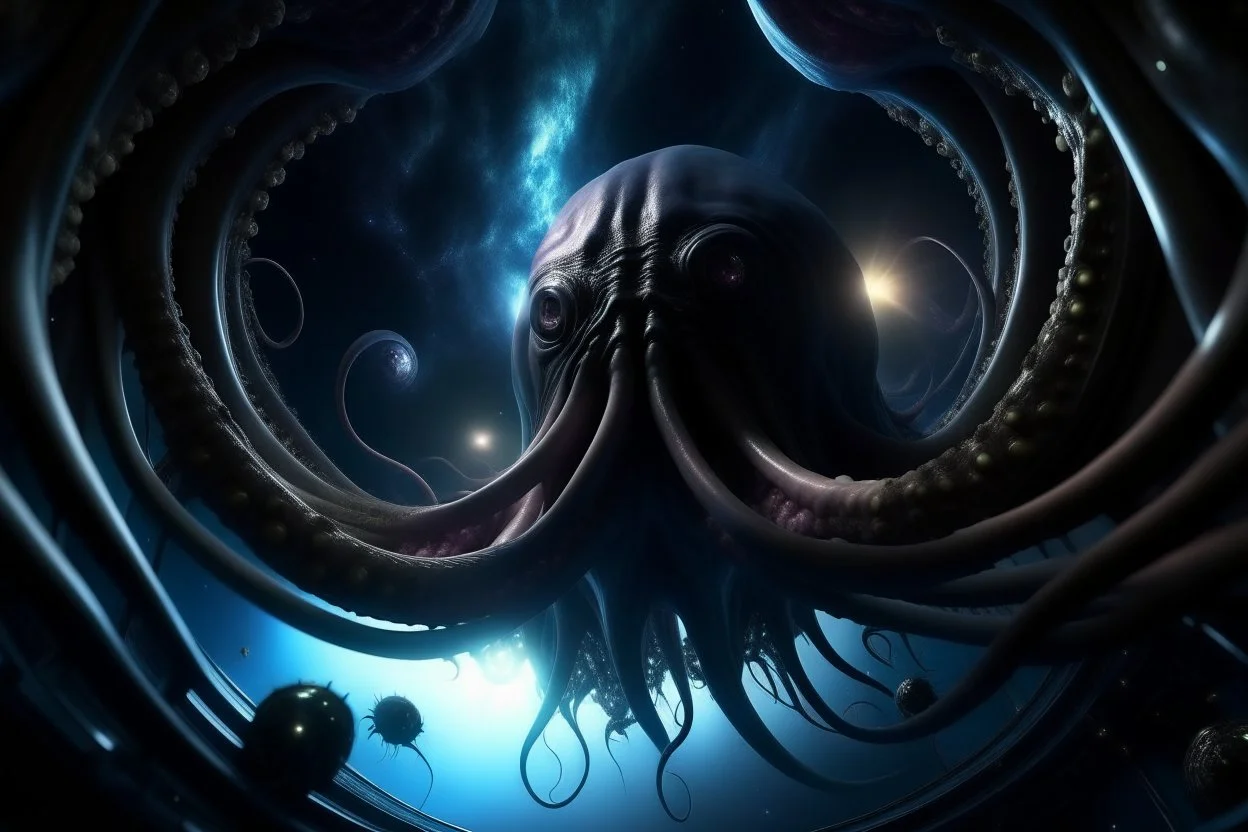 View from a spaceship into a natural event horizon in space with many enormous strange tentacled creatures, with huge mouths, flying around in the black