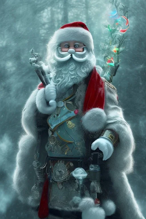 All Black Santa, translucent, wearing green mask, white smoke, red green blue, high definition, ultra 8 k, liquid lighting, blue fire, rain