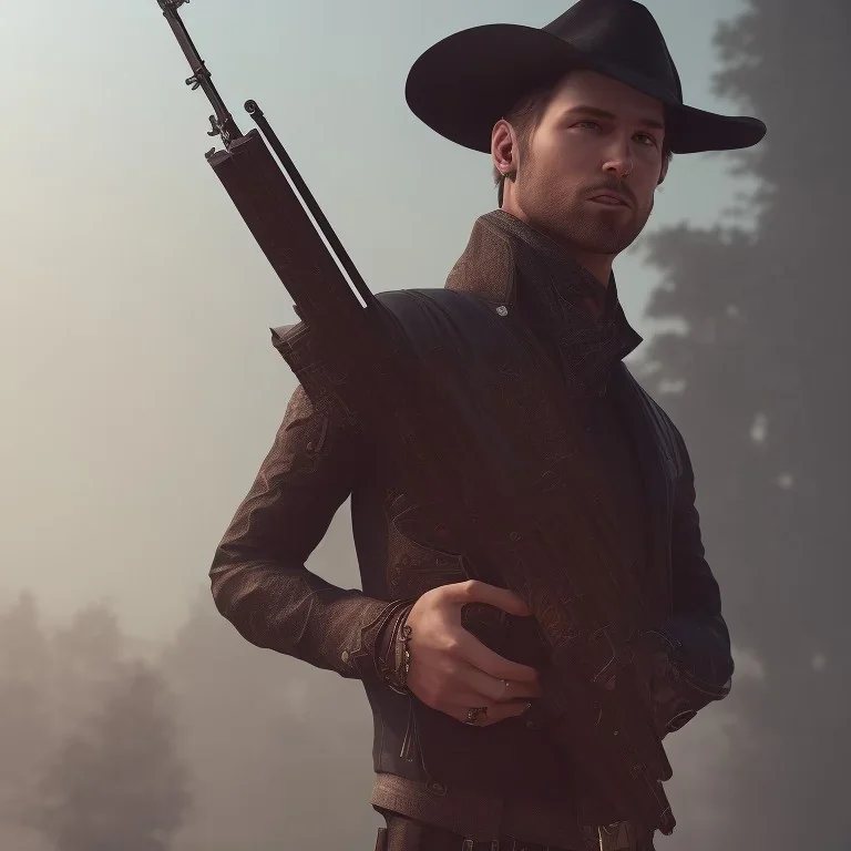 male gunslinger, badass, two guns, black fedora, dark red eyes, fanatsy, si-fi, photo realistic, ultra realistic, 8k, unreal engine 5