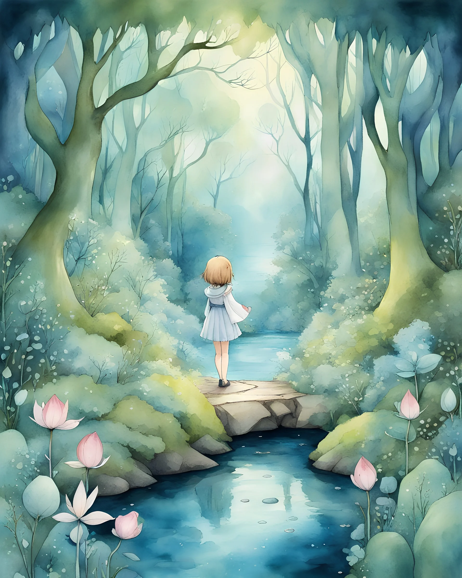 An enchanting forest scene with a cute anime girl, surrounded by bioluminescent plants, curious woodland creatures, and a gentle stream, a feeling of tranquility and harmony with nature, Artwork, watercolor on textured paper