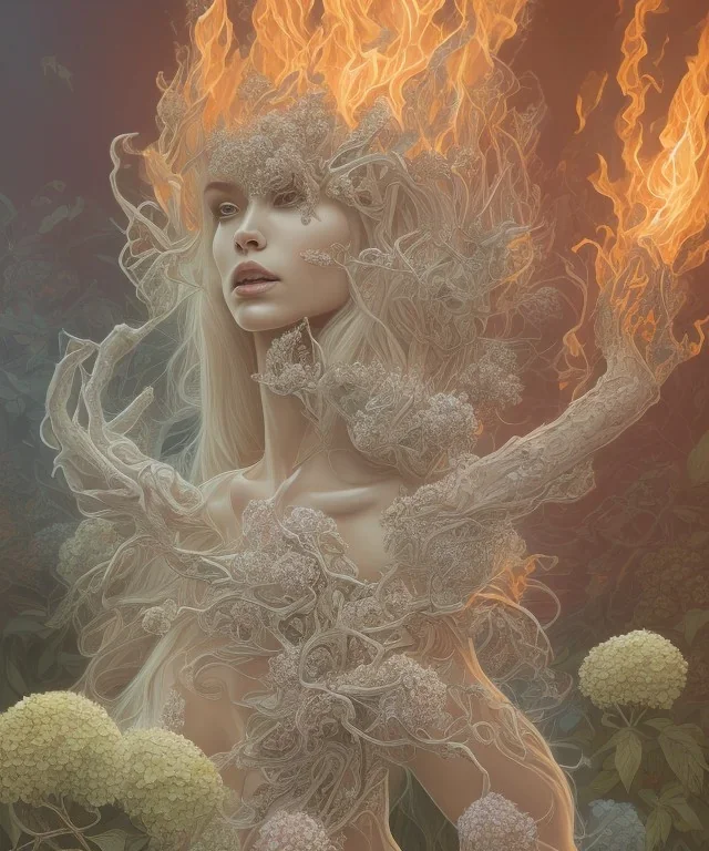 white hydrangea flowers, mandrake roots, mandrake root hands, platinum blonde woman on fire, psychedelic, intricate, elegant, highly detailed, background fire sky, digital painting, artstation, concept art, smooth, sharp focus, illustration, head shot, close up, art by artgerm and greg rutkowski and alphonse mucha, symmetrical eyes, perfect eyes, blue eyes, staring at camera, eye contact