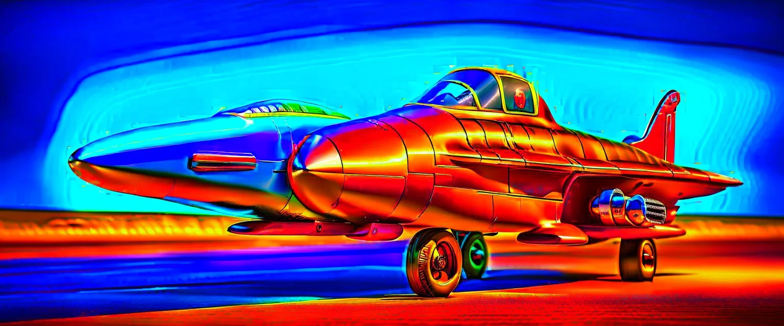 A national geographic award winning photograph of a military fighter jet station wagon wasp hybrid designed by volkswagen only one vehicle per image painted metallic orange traveling at a high rate of speed, jet intake off of front center of vehicle and jet exhaust out the rear with bright blue flame