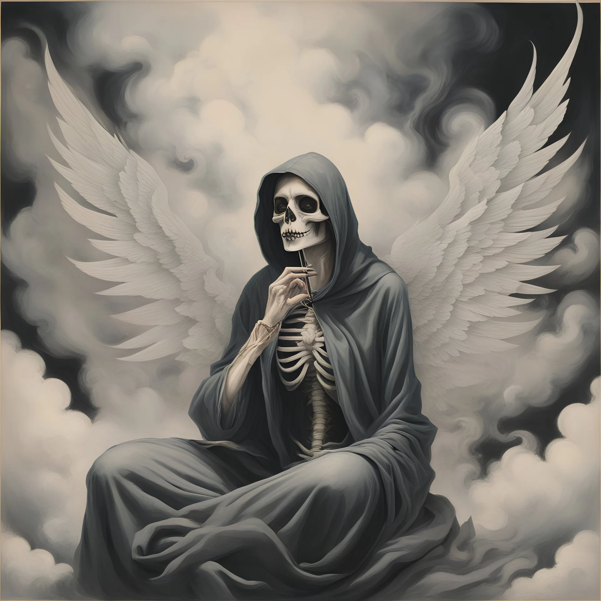 women sitting forward Her face turned upwards and blows cigarette smoke from their mouth. It depicts a figure with wings emerging from its back. a hooded skeleton can be seen behind the clouds of smoke.