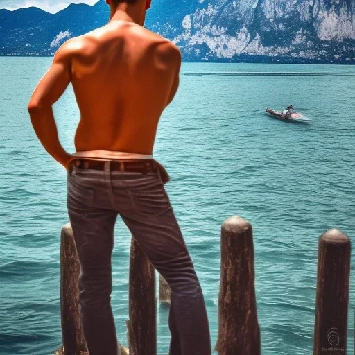 Man from behind is watching on tbe Lake Garda in Italy