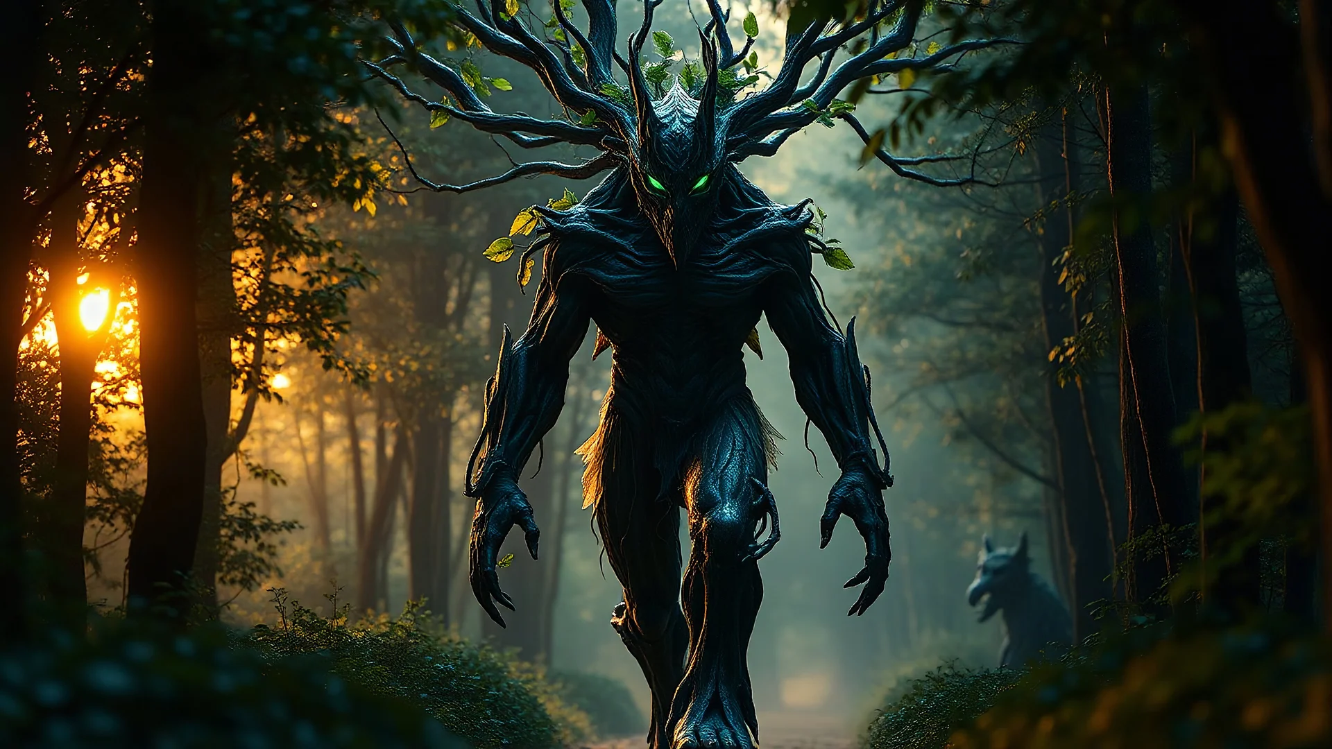 photoreal ultra realistic full body shot of the forever forward walking masked gargantuan muscular melting radiating godlike translucent alien sylvan tree warrior morphing and changing to leaves while walking from the forest glade at glowing dawn, otherworldly creature, in the style of fantasy movies, photorealistic, bokeh masterpiece smooth shading, ultra detailed, high resolution, cinematic, unreal 6, subtle shadows, octane render, 8k, cinema 4d, HDR, dust effect, vivid colors