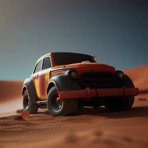 3d rendering. futuristic black yellow red car. Buried in desert sand. Lost in Time, cinematic lighting